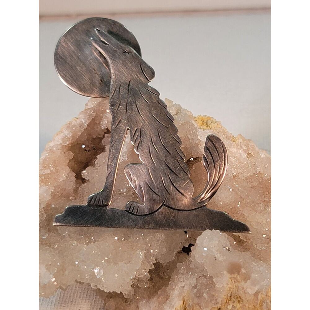 Sterling Silver Brooch Vintage Pin Old Sterling Howling Wolf Moon Signed USA